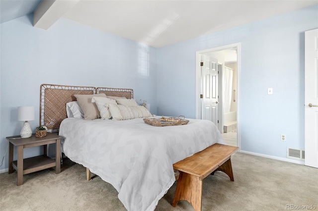 bedroom with light colored carpet, visible vents, vaulted ceiling with beams, and baseboards