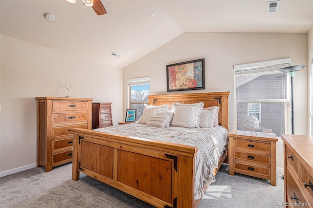 carpeted bedroom with lofted ceiling and ceiling fan