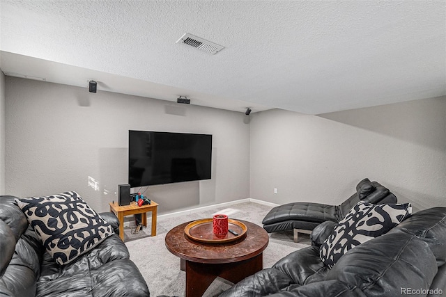 living room with a textured ceiling and carpet flooring