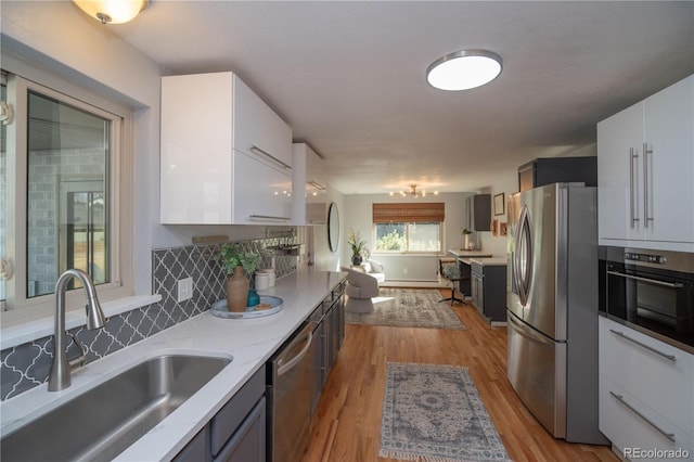 kitchen featuring light wood-type flooring, a sink, tasteful backsplash, white cabinetry, and stainless steel appliances