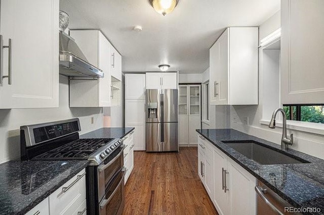 kitchen featuring ventilation hood, white cabinets, and stainless steel appliances