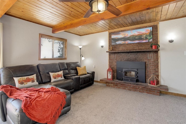 952 Burland Dr, Bailey, CO 80421 - living area with wooden ceiling with exposed beams, carpet, a ceiling fan, baseboards, and a fireplace