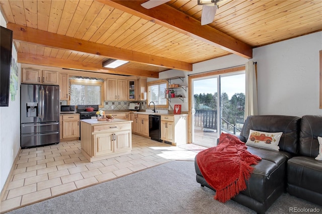 952 Burland Dr, Bailey, CO 80421 - kitchen with black appliances, open floor plan, light brown cabinets, light tile patterned floors, and glass insert cabinets