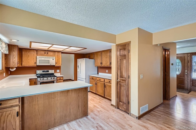 20596 E Shefield Ct, Parker, CO 80138 - kitchen with white appliances, light wood-type flooring, light countertops, a peninsula, and a textured ceiling