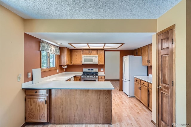 20596 E Shefield Ct, Parker, CO 80138 - kitchen featuring white appliances, a peninsula, light countertops, and light wood-type flooring