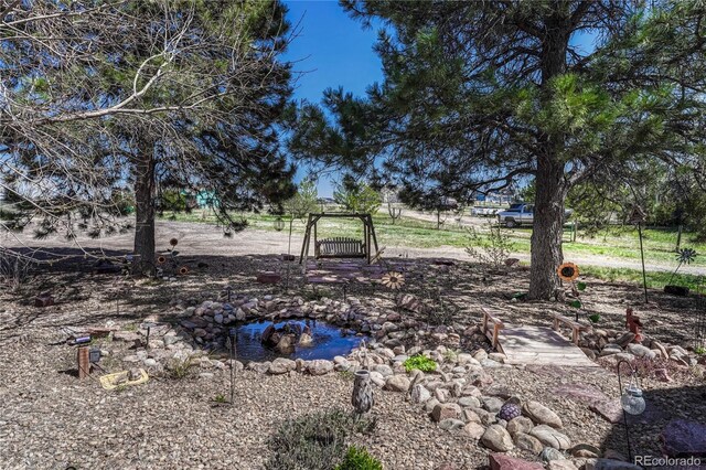 view of yard featuring a small pond