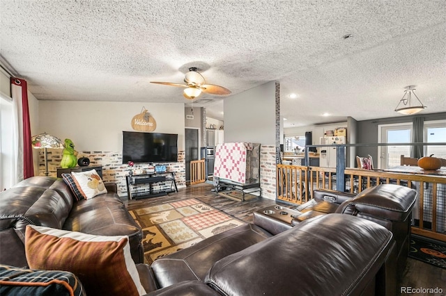 living room with ceiling fan, a textured ceiling, and dark hardwood / wood-style floors