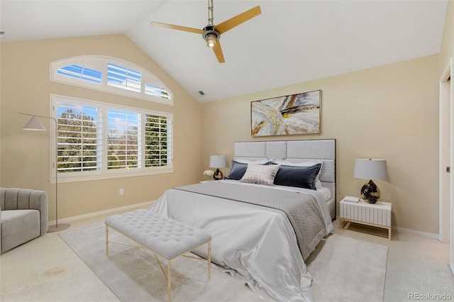 bedroom with lofted ceiling, carpet, baseboards, and a ceiling fan