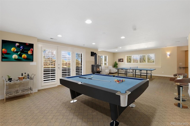 playroom with a wood stove, visible vents, recessed lighting, carpet flooring, and billiards