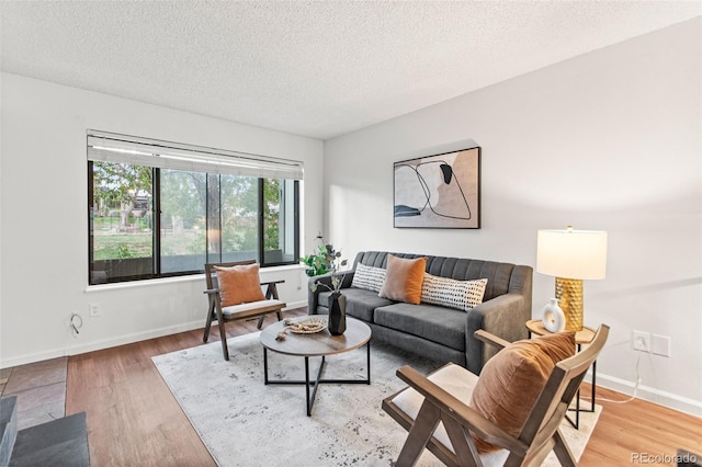 living area with wood finished floors, a textured ceiling, and baseboards