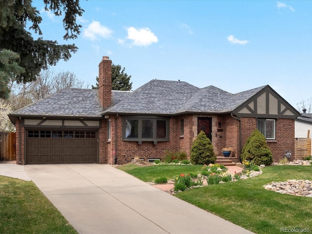 2535 Leyden St, Denver, CO 80207 - tudor home with a garage, brick siding, concrete driveway, and a chimney