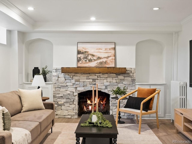 2535 Leyden St, Denver, CO 80207 - living area featuring crown molding, light wood-style flooring, radiator, a stone fireplace, and arched walkways