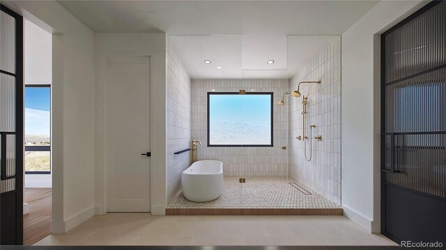 bathroom with tile walls, plus walk in shower, and wood-type flooring