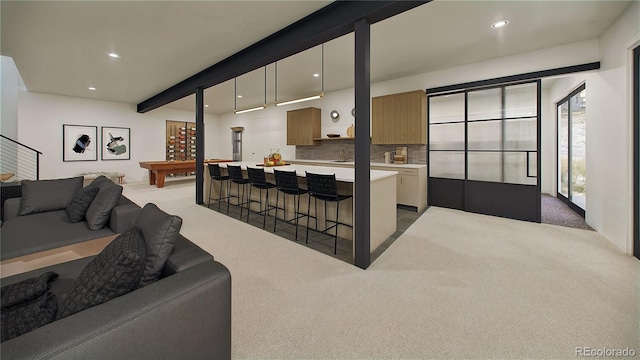 living room with beamed ceiling and light colored carpet