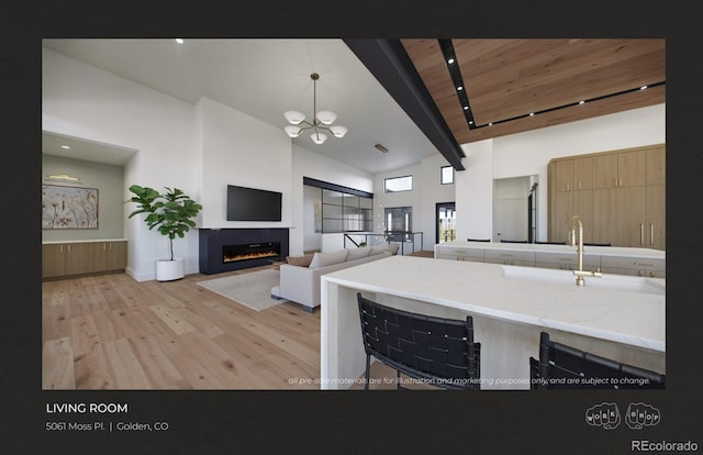 kitchen with an inviting chandelier, wooden ceiling, high vaulted ceiling, beamed ceiling, and light wood-type flooring