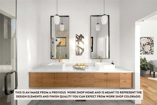 bathroom featuring hardwood / wood-style floors, vanity, and an enclosed shower