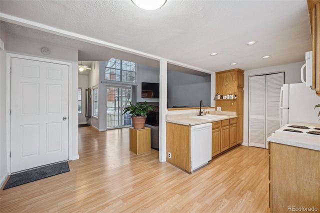 kitchen with light countertops, light wood-style flooring, a sink, a textured ceiling, and white appliances