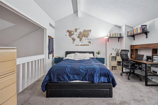 bedroom featuring vaulted ceiling with beams, a textured ceiling, visible vents, and light colored carpet