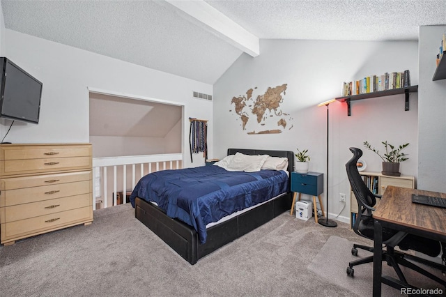 carpeted bedroom featuring lofted ceiling with beams, visible vents, and a textured ceiling