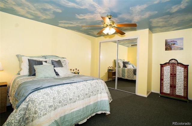 7684 Beverly Blvd, Castle Pines, CO 80108 - bedroom with dark carpet, a closet, ceiling fan, and baseboards