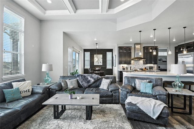 9538 Bear River St, Littleton, CO 80125 - living room featuring recessed lighting, dark wood finished floors, beamed ceiling, and coffered ceiling