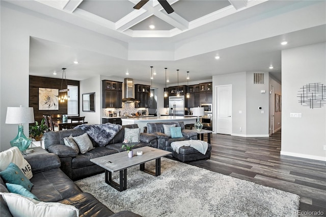 9538 Bear River St, Littleton, CO 80125 - living room featuring dark wood-style floors, ceiling fan, recessed lighting, beamed ceiling, and coffered ceiling