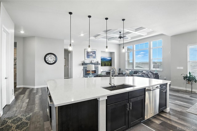 9538 Bear River St, Littleton, CO 80125 - kitchen featuring open floor plan, dark wood-style flooring, coffered ceiling, recessed lighting, and ceiling fan