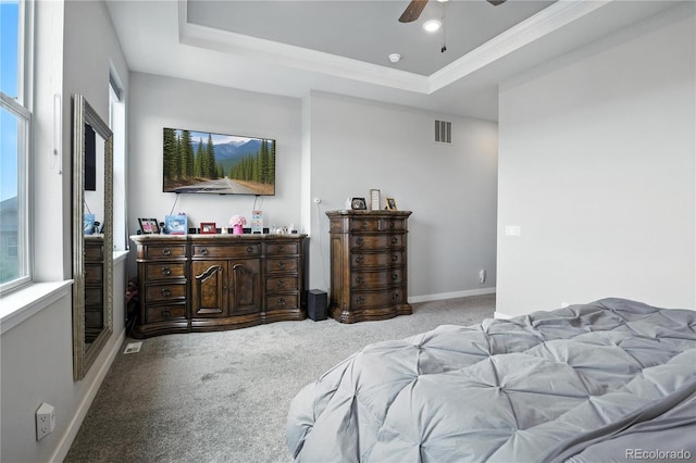 9538 Bear River St, Littleton, CO 80125 - bedroom featuring carpet floors, a raised ceiling, ornamental molding, and ceiling fan