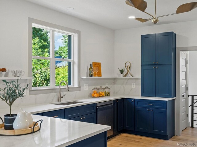 883 S Downing St, Denver, CO 80209 - kitchen with stainless steel dishwasher, blue cabinetry, healthy amount of natural light, open shelves, and recessed lighting