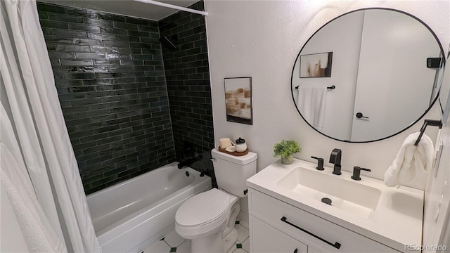 12506 E Cornell Ave Unit 201, Aurora, CO 80014 - bathroom with toilet, shower / bath combo with shower curtain, vanity, and tile patterned floors