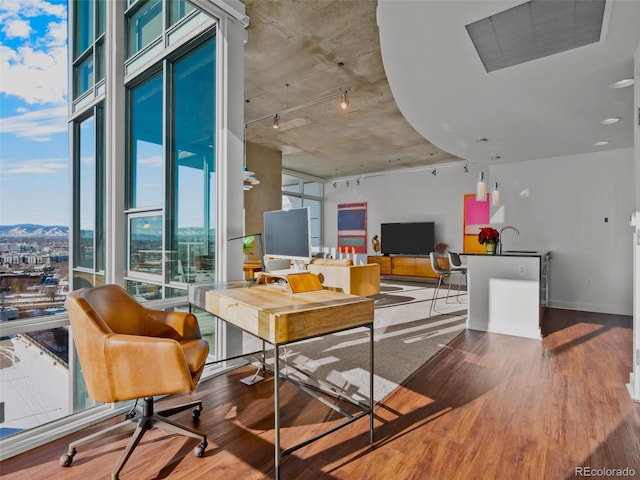 dining area with hardwood / wood-style flooring, sink, and a wall of windows