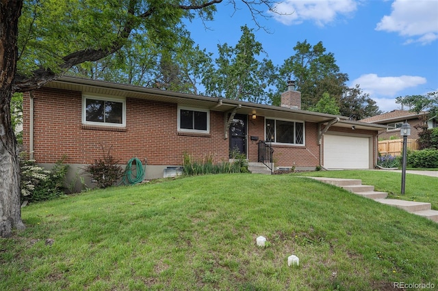 8299 E Kenyon Ave, Denver, CO 80237 - ranch-style house with an attached garage, brick siding, and a chimney