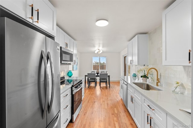 kitchen with tasteful backsplash, appliances with stainless steel finishes, a sink, and white cabinets