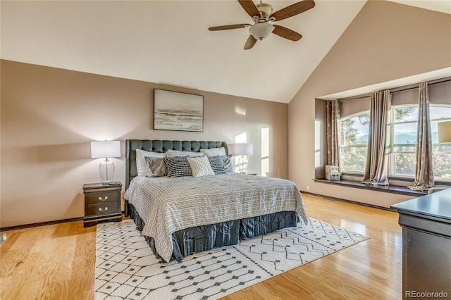 14915 Gleneagle Dr, Colorado Springs, CO 80921 - bedroom featuring high vaulted ceiling, light wood-style flooring, and ceiling fan