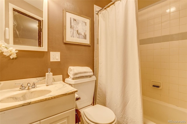 14915 Gleneagle Dr, Colorado Springs, CO 80921 - bathroom with vanity, toilet, shower / tub combo, and a textured wall