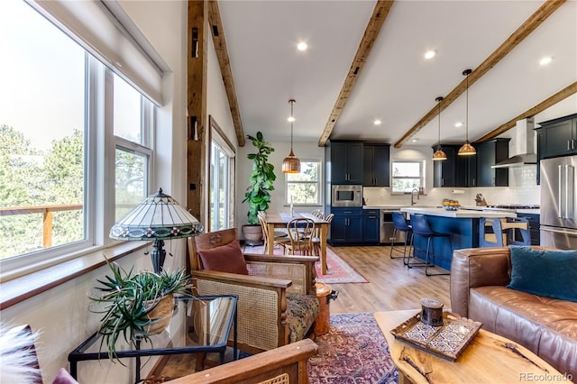 47 Wykagyl Cir, Westcliffe, CO 81252 - living room with recessed lighting, beam ceiling, and light wood-style flooring