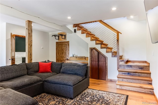 47 Wykagyl Cir, Westcliffe, CO 81252 - living area with recessed lighting, wood finished floors, and stairway