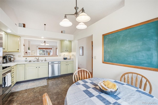 6760 Oakwood Blvd, Colorado Springs, CO 80923 - kitchen featuring stainless steel appliances, a chandelier, a sink, light countertops, and vaulted ceiling