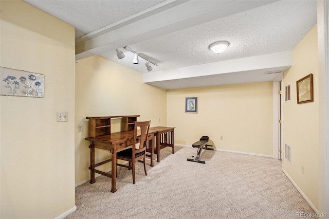 6760 Oakwood Blvd, Colorado Springs, CO 80923 - office area with carpet flooring, track lighting, baseboards, and a textured ceiling
