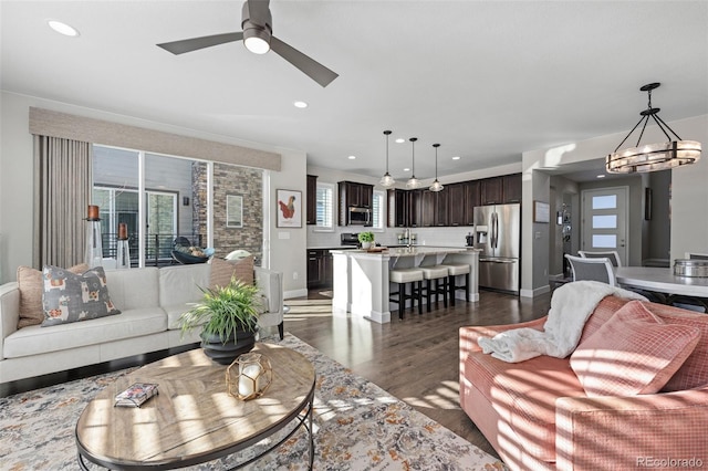 living room with ceiling fan, dark hardwood / wood-style floors, and sink