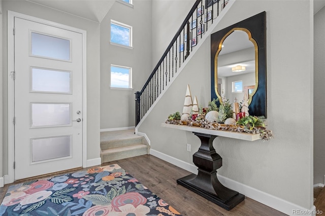 foyer entrance featuring a towering ceiling and wood-type flooring