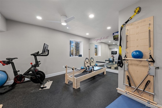 workout area with ceiling fan