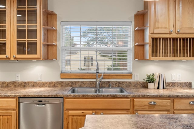 205 Beech St, Hudson, CO 80642 - kitchen featuring dishwasher, open shelves, healthy amount of natural light, and glass insert cabinets