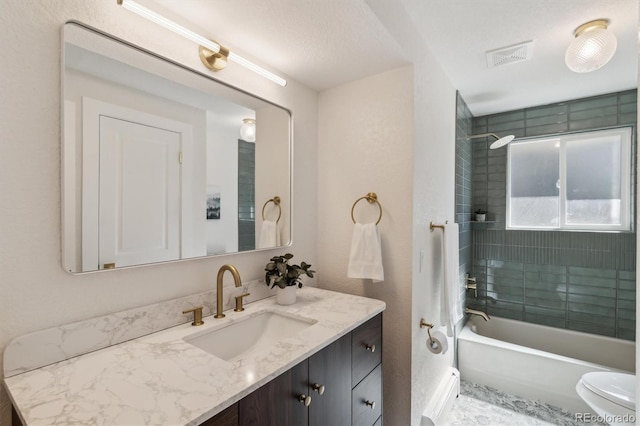 full bathroom with toilet, shower / bathtub combination, vanity, and visible vents