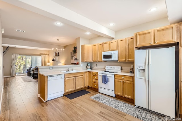 kitchen with light hardwood / wood-style floors, kitchen peninsula, hanging light fixtures, and white appliances