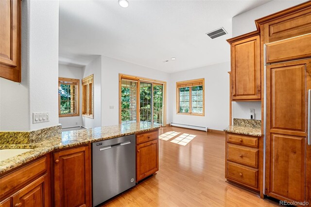 kitchen featuring a wealth of natural light, baseboard heating, light hardwood / wood-style floors, and stainless steel dishwasher