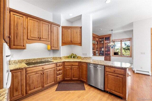 kitchen featuring kitchen peninsula, baseboard heating, dishwasher, black electric stovetop, and light wood-type flooring