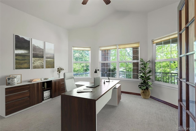 1513 Cannon Mountain Dr, Longmont, CO 80503 - office space featuring light colored carpet, lofted ceiling, ceiling fan, and baseboards