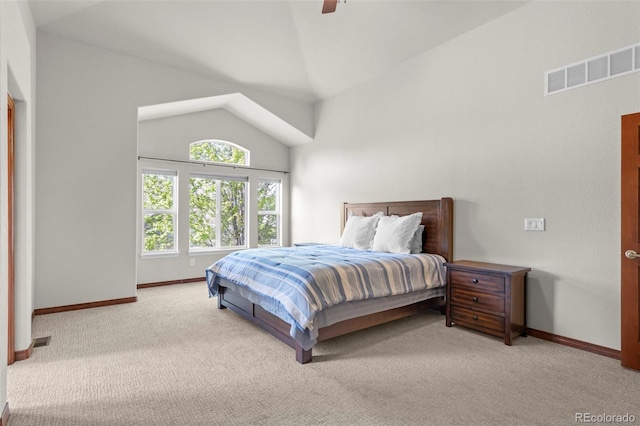1513 Cannon Mountain Dr, Longmont, CO 80503 - carpeted bedroom with baseboards, ceiling fan, and high vaulted ceiling