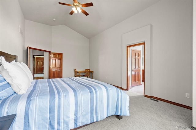 1513 Cannon Mountain Dr, Longmont, CO 80503 - bedroom with lofted ceiling, light carpet, connected bathroom, baseboards, and a ceiling fan